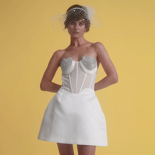 Sexy Peach Heart Drilling a Swing Strapless Dress Autumn Mesh  Backless Dress