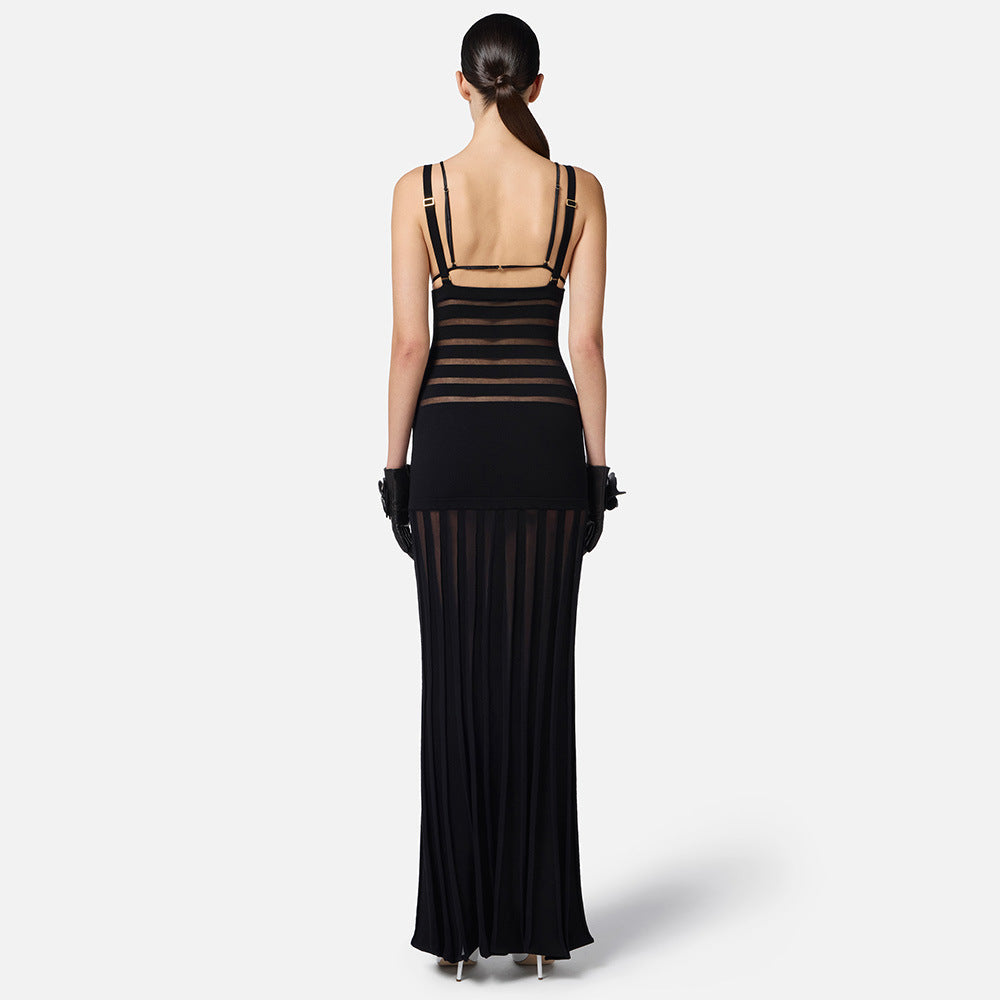 Sexy Deep V Black Sheer Striped Maxi Dress | Runway-Inspired Evening Gown