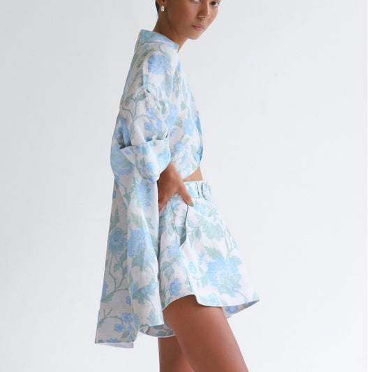 Floral Printed Shirt & Shorts Belt Two Piece Set