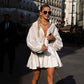 Pleated Dress Collared Puff Sleeve Shirt Dress