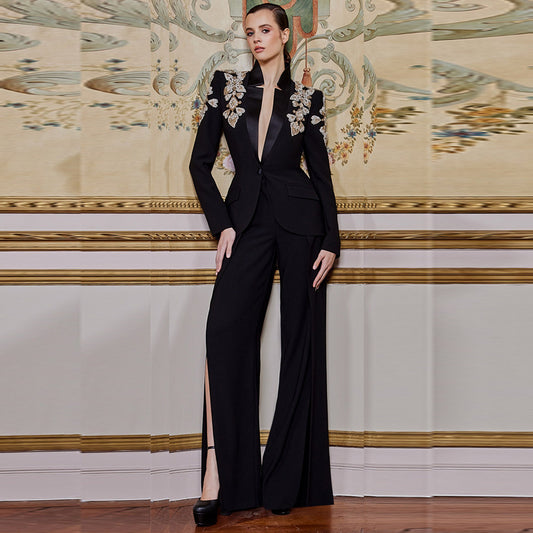 Star Exquisite Rhinestone  Blazer Split Trousers Suit