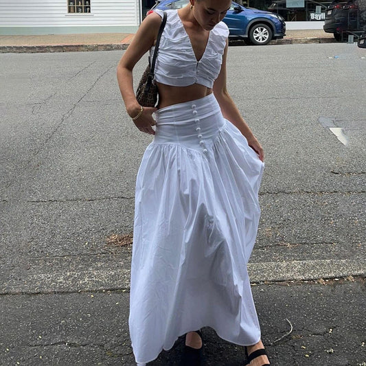 French Pleated Vest High Waist Big Hem Skirt Two Piece Set