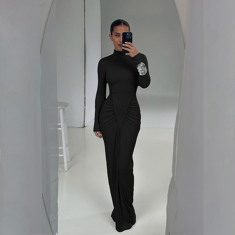 Fall Women Clothing Solid Color High Collar Slim Slimming Pleated Long Sleeve Dress