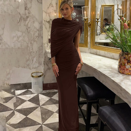 Women Oblique Shoulder Design Skinny Sheath Pleated Irregular Asymmetric Dress