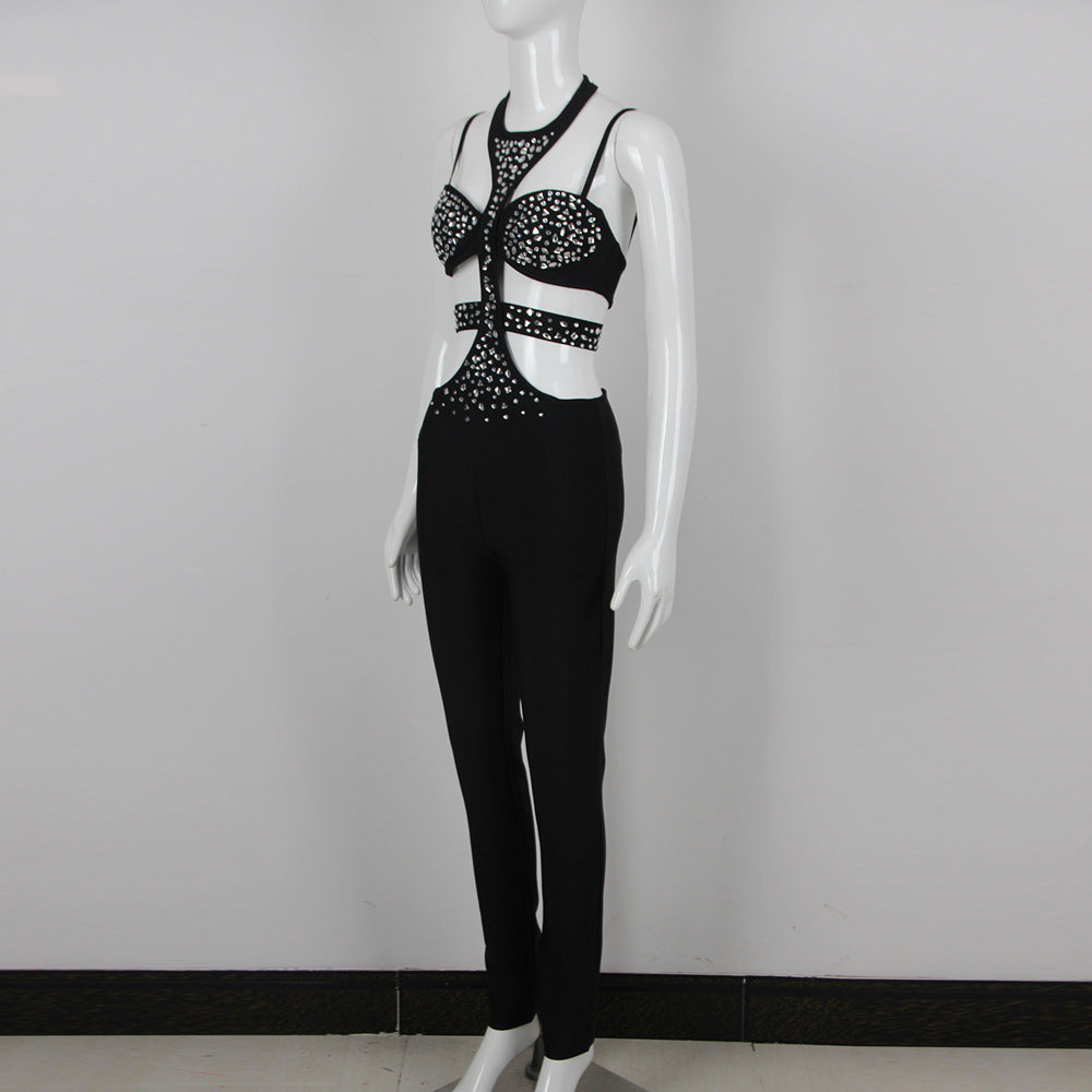 Sexy Halter Hollow Out Cutout Sexy Slim Fit Rhinestone Jumpsuit