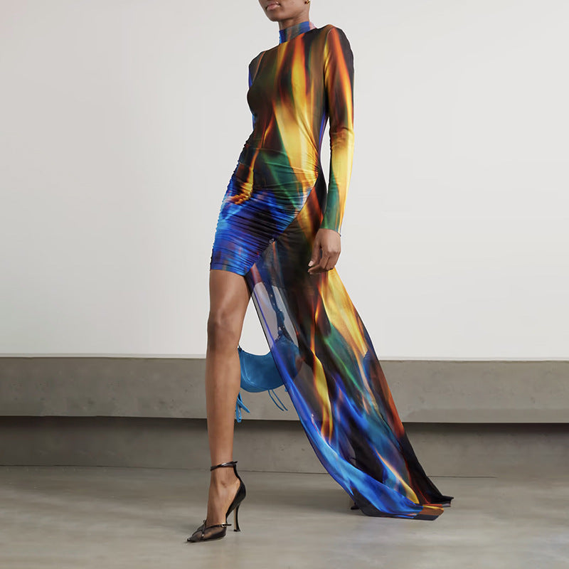 Tie-Dye Asymmetric Long-Sleeve Slim Fit Mini Dress – Sexy Stand Collar Autumn Style