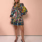 Printed Lace up Cotton Linen Pleated Dress