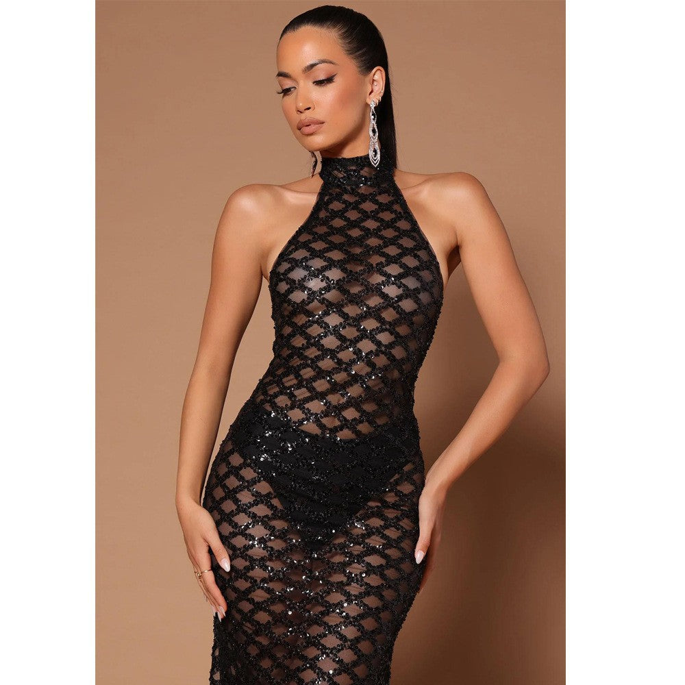 Sexy Backless Nightclub Party Rhinestone Sequined Transparent Dress