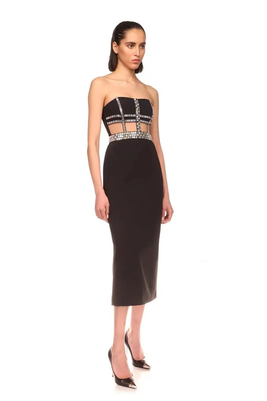 Black Crystal Embellished Cut-Out Midi Dress – Elegant & Sexy Evening Look