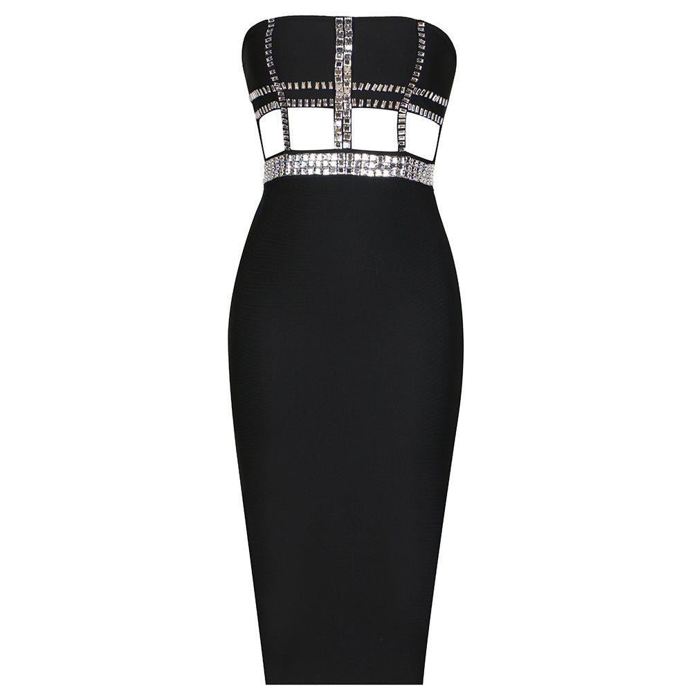 Black Crystal Embellished Cut-Out Midi Dress – Elegant & Sexy Evening Look
