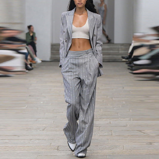 Embroidery Drilling Double Breasted Pant Two Piece Set