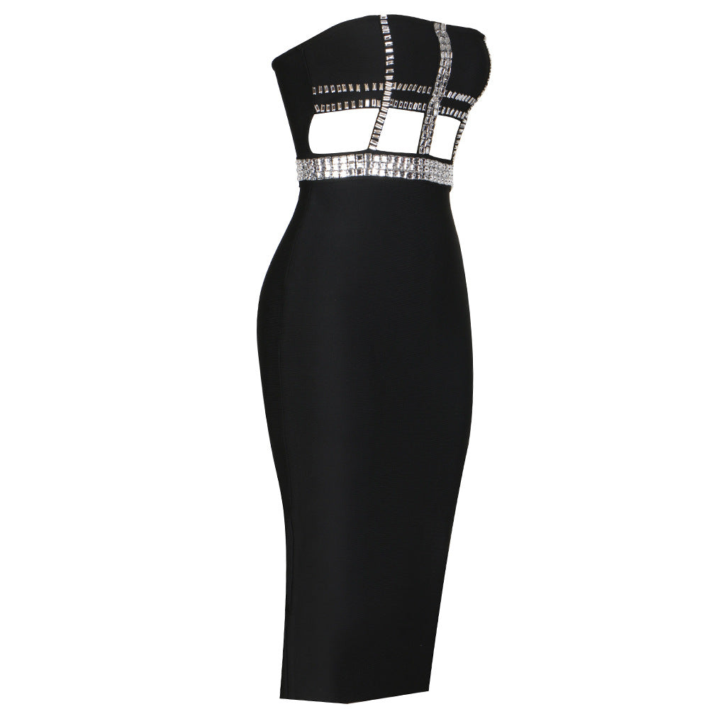 Black Crystal Embellished Cut-Out Midi Dress – Elegant & Sexy Evening Look