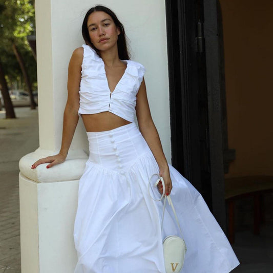 French Pleated Vest High Waist Big Hem Skirt Two Piece Set