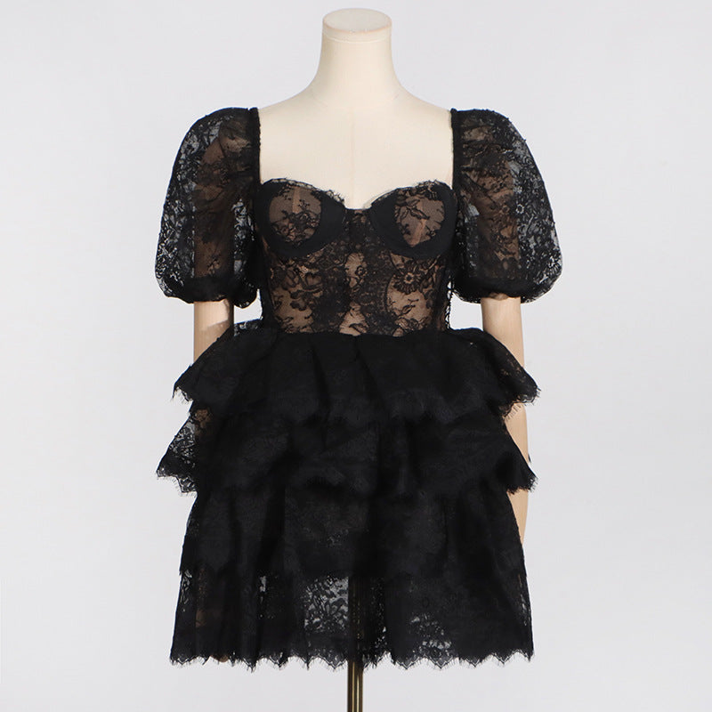 Handmade Lace Sweetheart Neck Puff-Sleeve High-Waist Mini Dress – Romantic Party Look