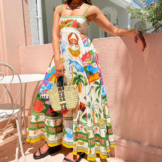 Graffiti Printing Sleeveless Swing Cotton Linen Dress