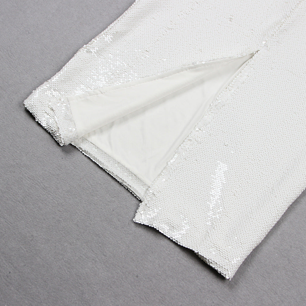 High End White Midi Sequin Dress with Rhinestone Bustier & Cut-Out Detail – Luxury Evening Look