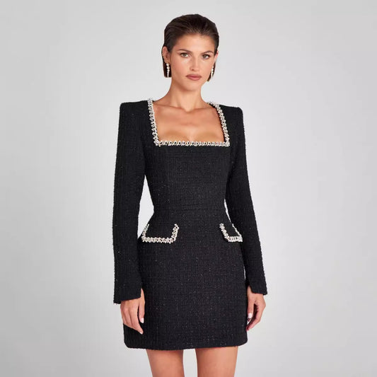 Elegant Slim Fit Slimming U Neck Long Sleeved Beaded Classic Dress Women