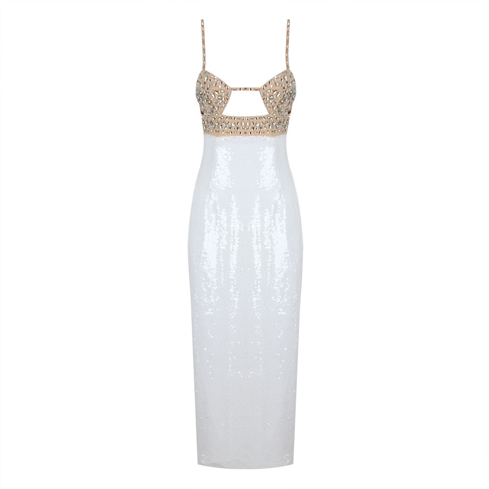 High End White Midi Sequin Dress with Rhinestone Bustier & Cut-Out Detail – Luxury Evening Look