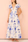 Low Cut V Neck Printed Puff Sleeve Large Swing  Dress