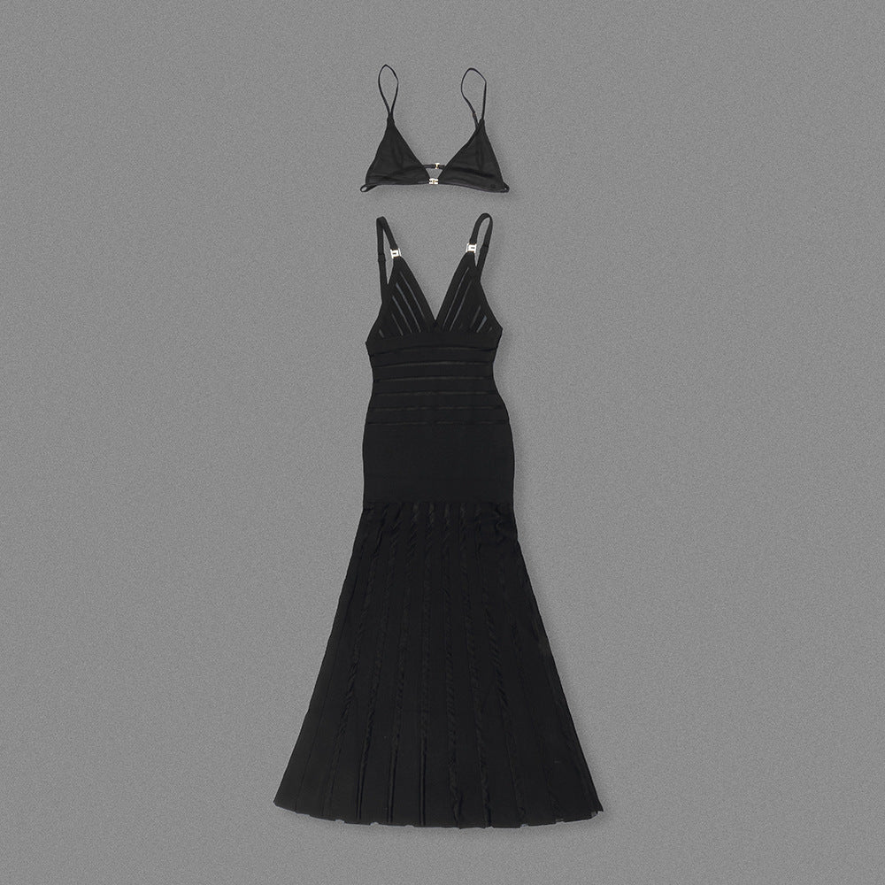 Sexy Deep V Black Sheer Striped Maxi Dress | Runway-Inspired Evening Gown