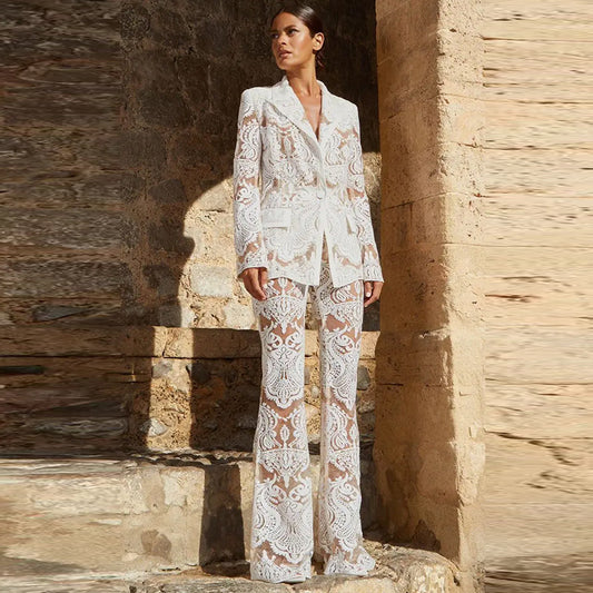 Mesh  Embroidery Sequined Blazer Trousers Suit Two Piece Set