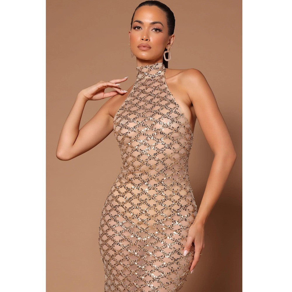 Sexy Backless Nightclub Party Rhinestone Sequined Transparent Dress