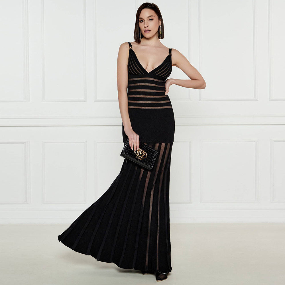 Sexy Deep V Black Sheer Striped Maxi Dress | Runway-Inspired Evening Gown