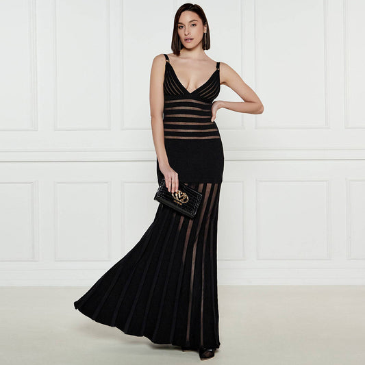 Sexy Deep V Black Sheer Striped Maxi Dress | Runway-Inspired Evening Gown