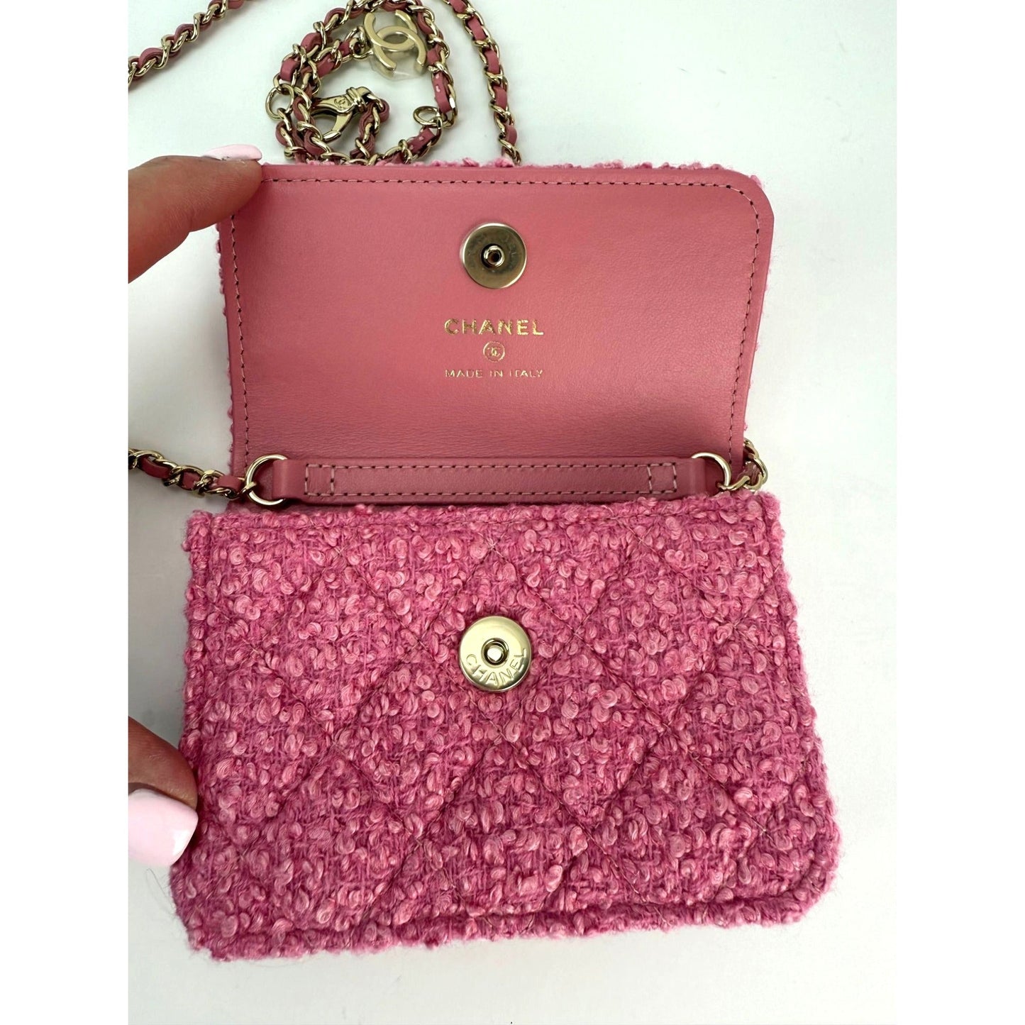 Chanel Tweed Quilted Mini Flap Pink Chain Waist Shoulder Bag