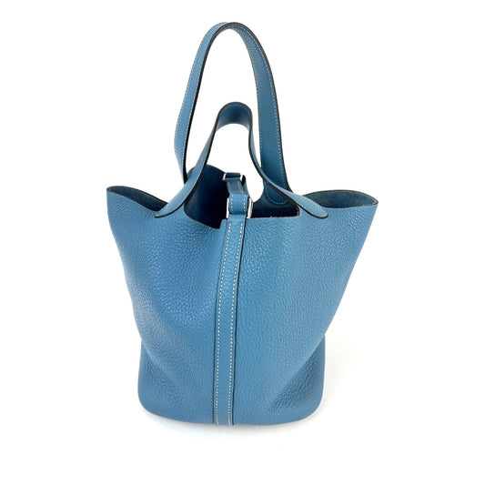 Hermes Taurillon Clemence Picotin 22 MM Blue Leather Hand Bag