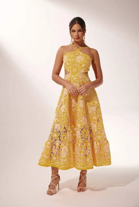 Embroidered Lace Halterneck  Cutout Midi Dress