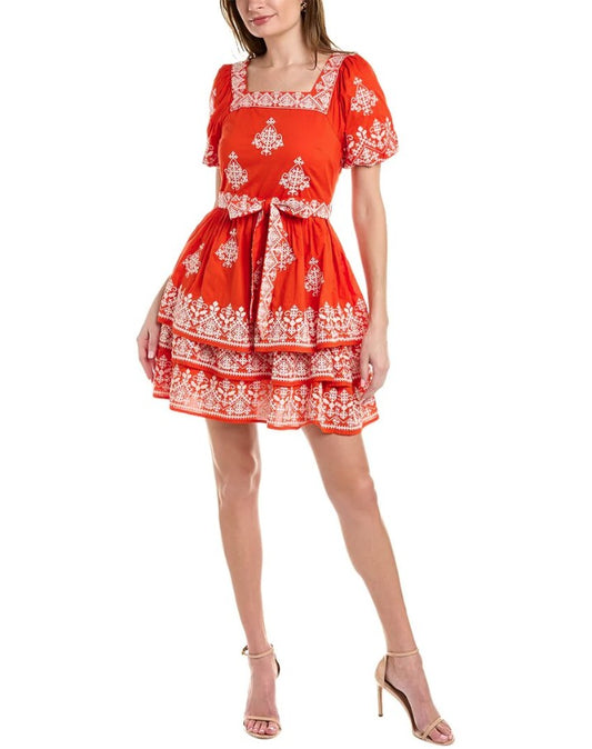 Boden Square Neck Red & White Embroidered Puff Sleeve Rara Dress 8