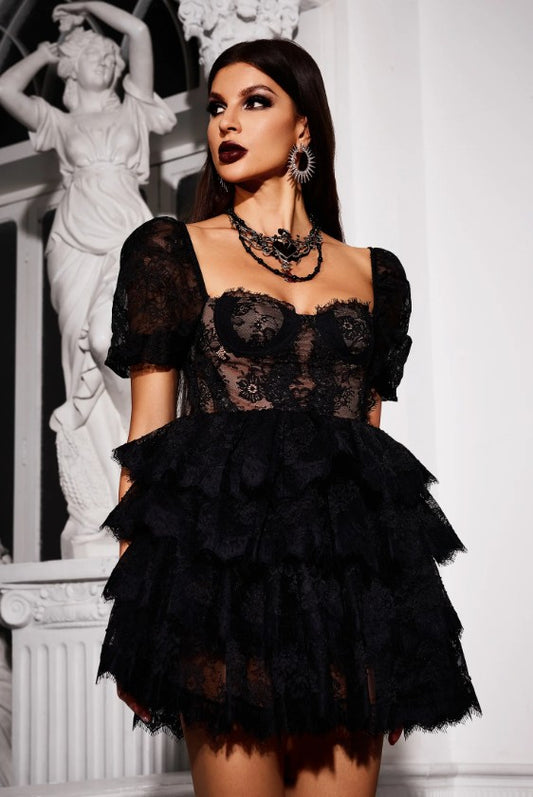 Handmade Lace Sweetheart Neck Puff-Sleeve High-Waist Mini Dress – Romantic Party Look