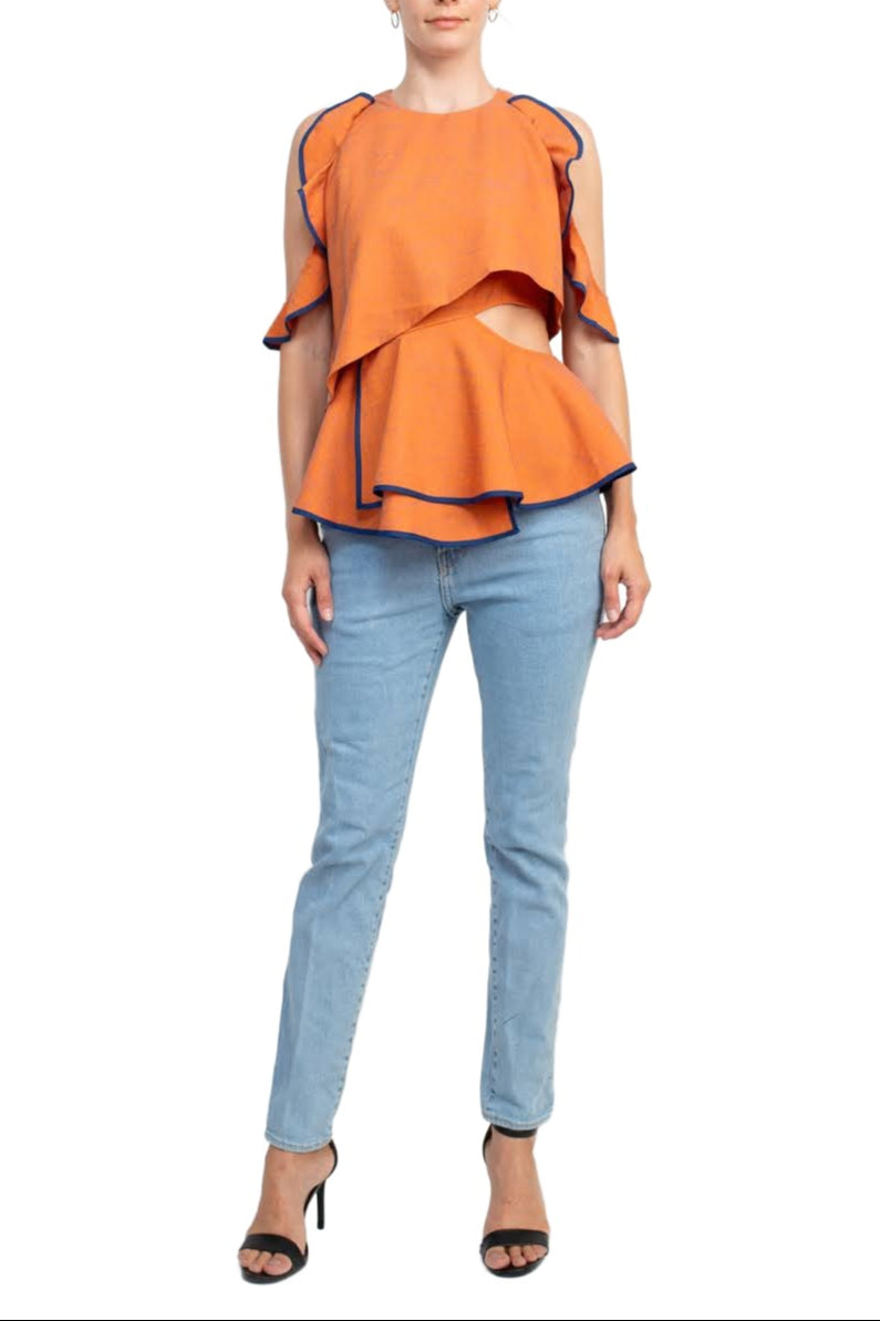 WHY Dress Crew Neck Ruffled Sleeveless Zipper Back Piping Detail Popover Crepe Top