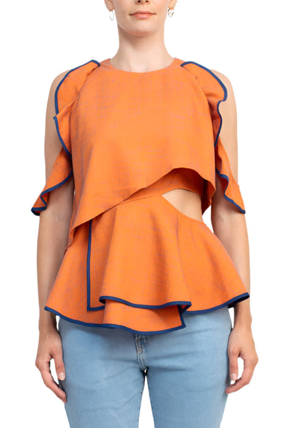 WHY Dress Crew Neck Ruffled Sleeveless Zipper Back Piping Detail Popover Crepe Top