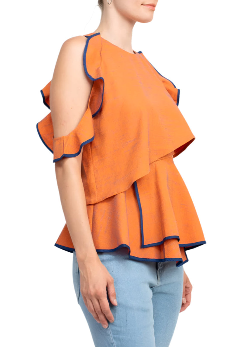 WHY Dress Crew Neck Ruffled Sleeveless Zipper Back Piping Detail Popover Crepe Top