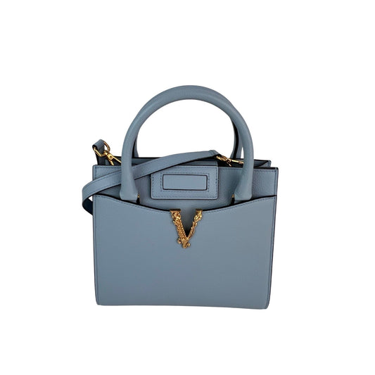 Versace Virtus Top Handle Grained Calfskin Light Blue Tote