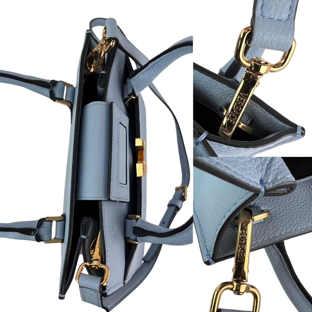 Versace Virtus Top Handle Grained Calfskin Light Blue Tote