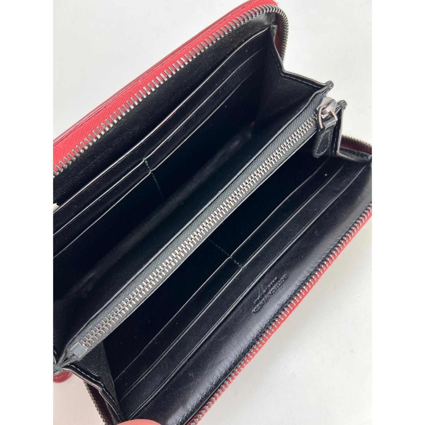 Bottega Veneta Burgundy Intrecciato Zip Around Leather Wallet Clutch