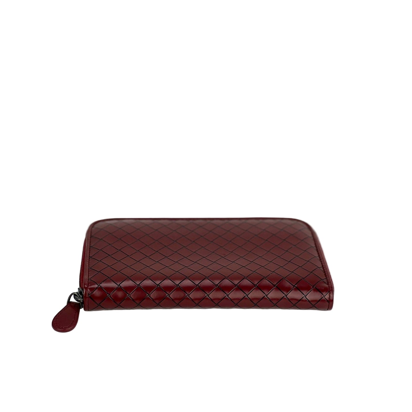 Bottega Veneta Burgundy Intrecciato Zip Around Leather Wallet Clutch