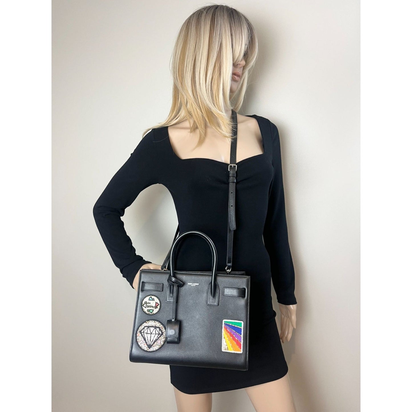 Saint Laurent Sac De Jour Embellished Patches Baby Black Leather Shoulder Bag