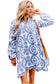 Blue Boho Floral Embroidered Shift Mini Dress