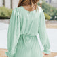Green Pleated Ruffled Tie Waist Buttons V Neck Romper
