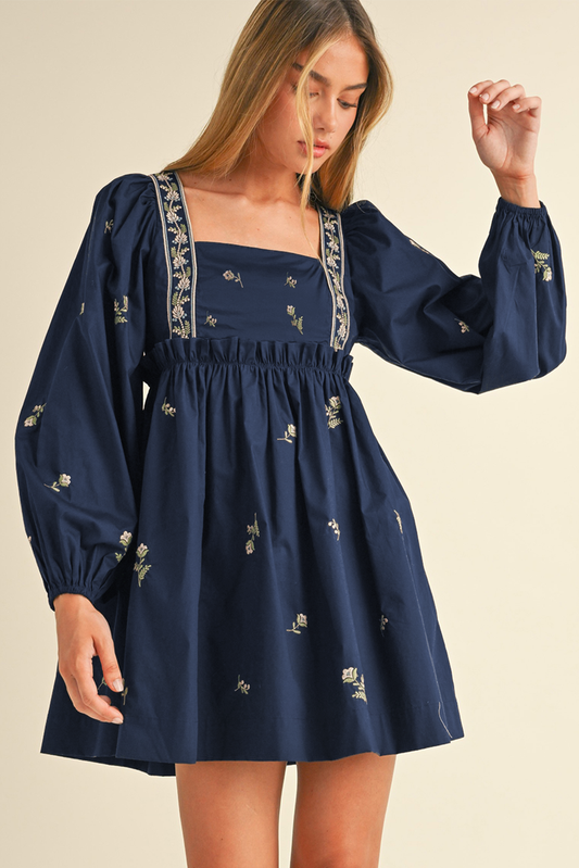 Blue Floral Embroidered  Ruffled Mini Dress