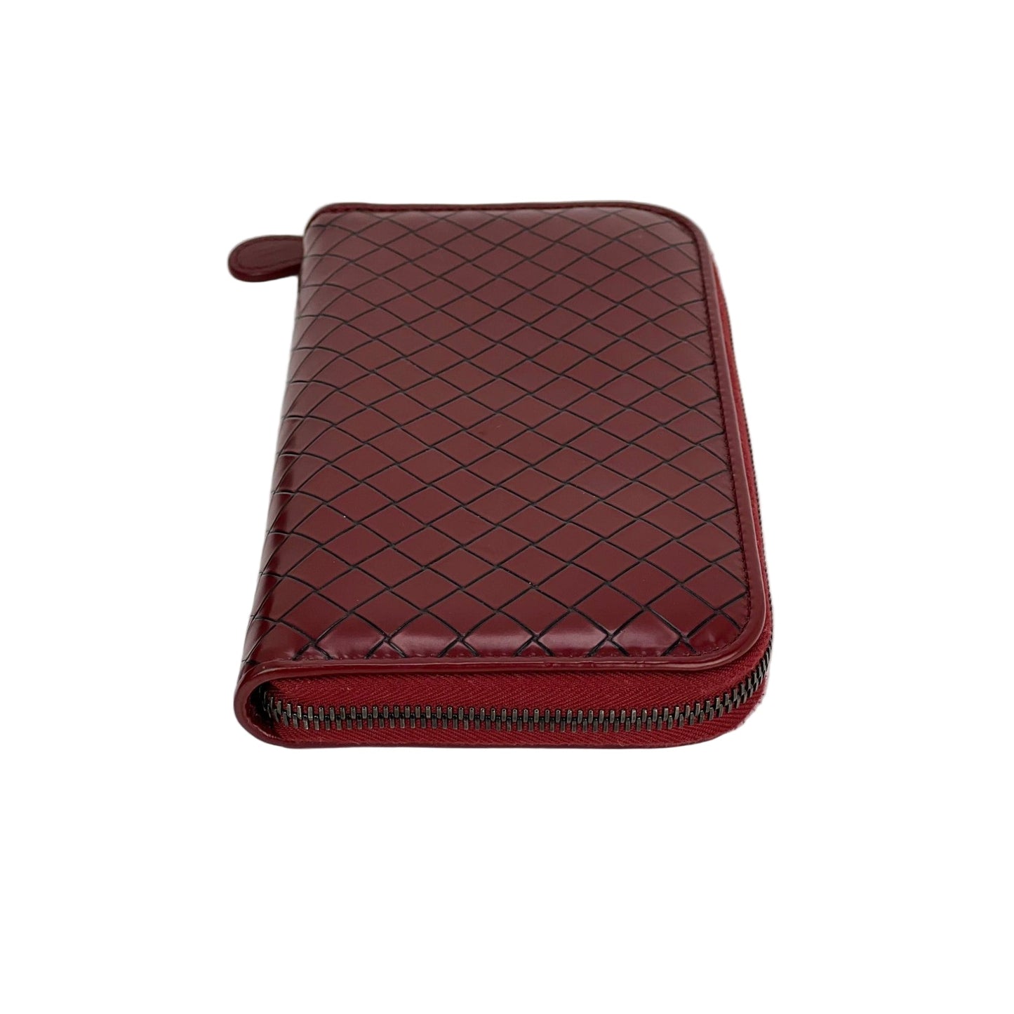 Bottega Veneta Burgundy Intrecciato Zip Around Leather Wallet Clutch