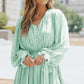 Green Pleated Ruffled Tie Waist Buttons V Neck Romper