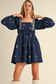 Blue Floral Embroidered  Ruffled Mini Dress