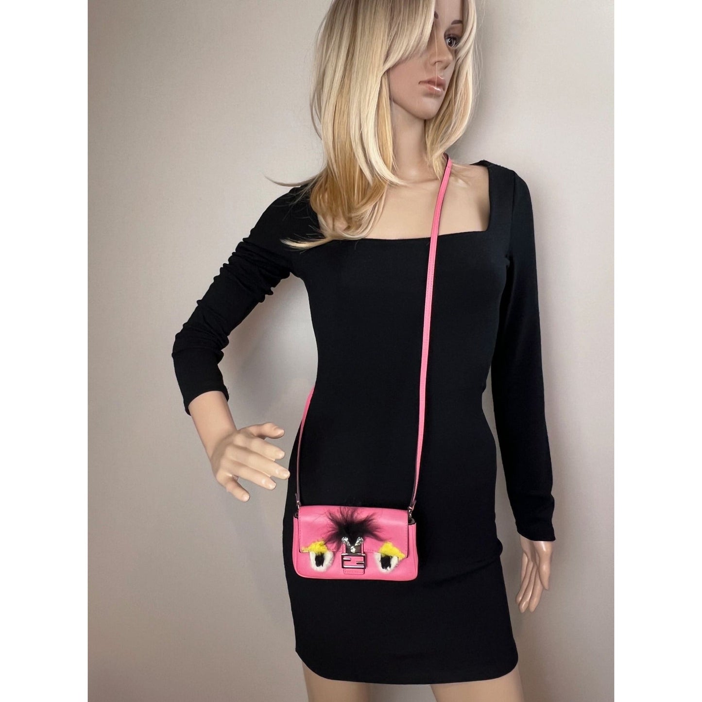 Fendi Monster Baguette Pink Leather Micro Crossbody Bag