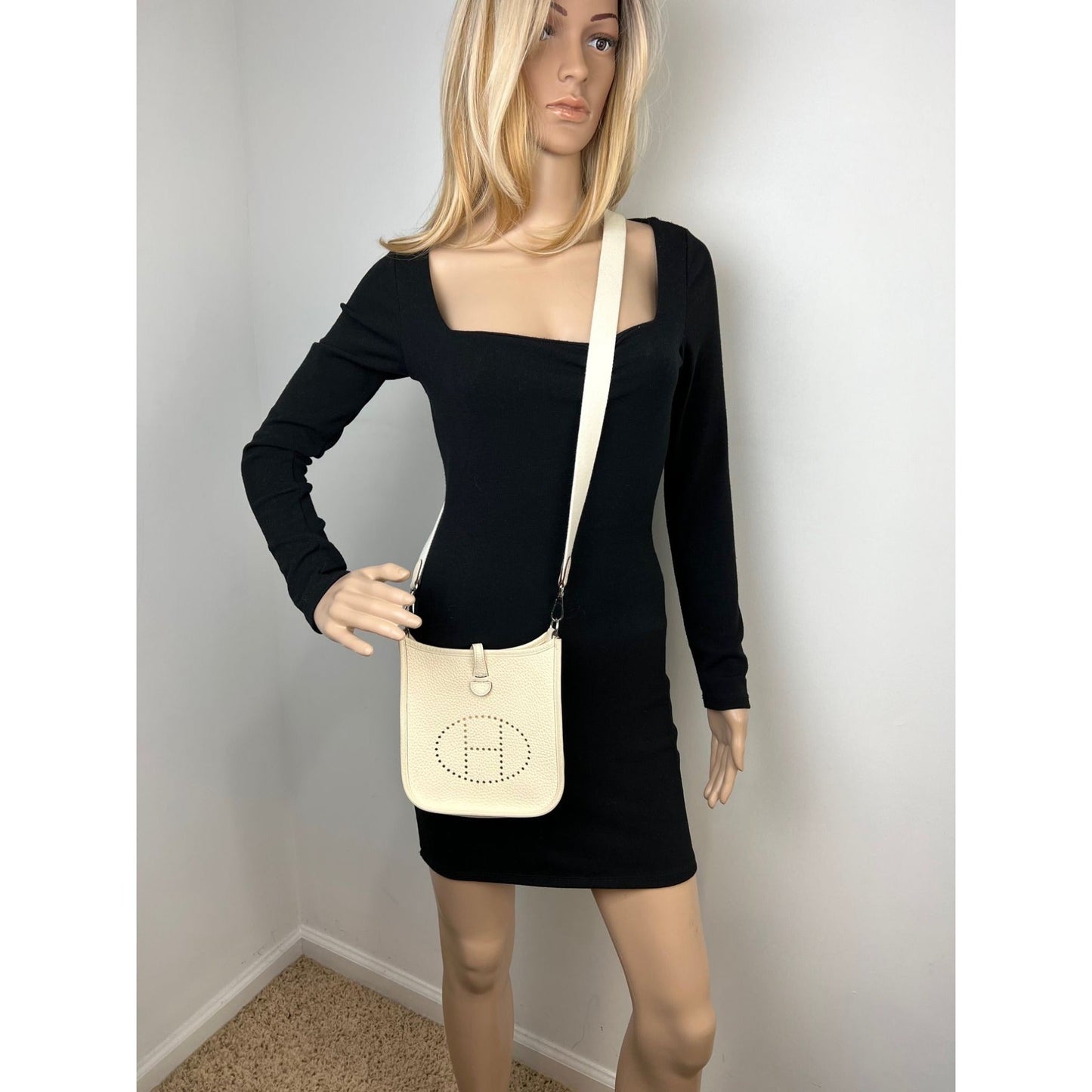 Hermes Taurillon Clemence evelyne TPM Nata White Crossbody Bag