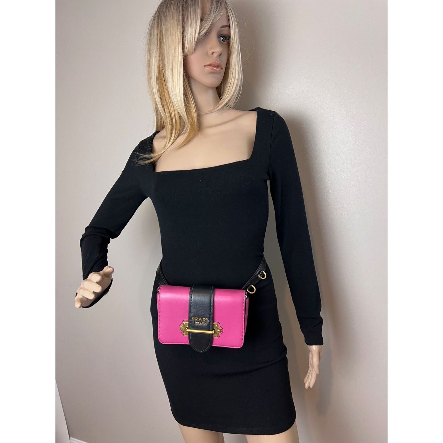Prada City Calf Cahier Pink Black Leather Crossbody Belt Bag
